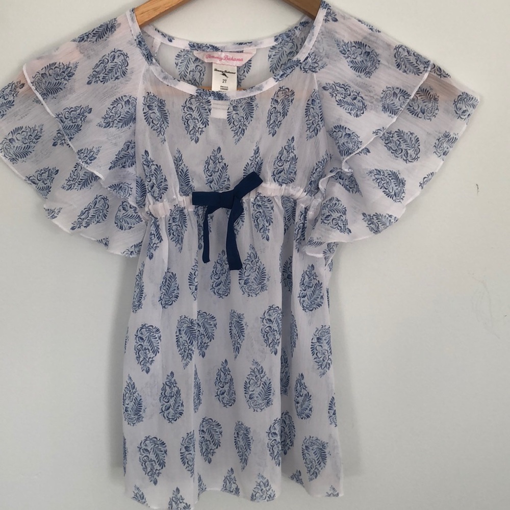 Tommy Bahama Kids White Coverup with Blue Paisley Print and Navy Bow
